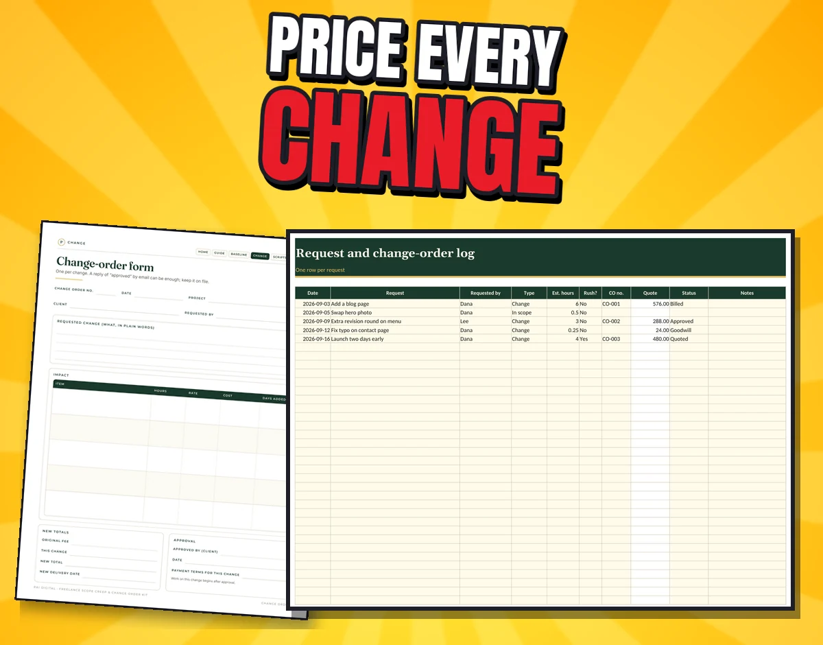 The real change-order form and the change-order log spreadsheet with fictional example rows