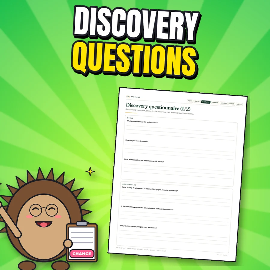 Happy hedgehog next to the real Discovery questionnaire page