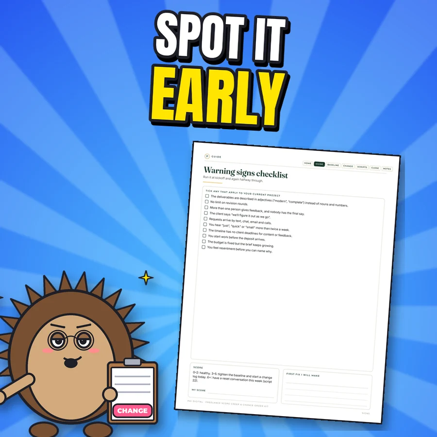 Proud hedgehog next to the real Warning signs checklist page