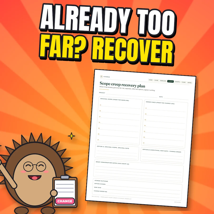 Happy hedgehog next to the real Scope creep recovery plan page