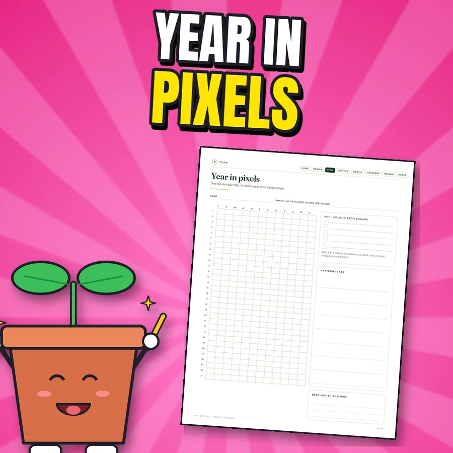 Happy cartoon seedling next to the real Year in pixels page