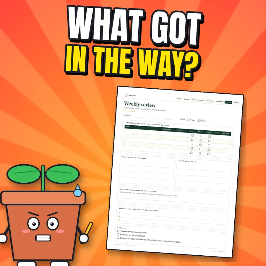 Cartoon seedling next to the real Weekly review page