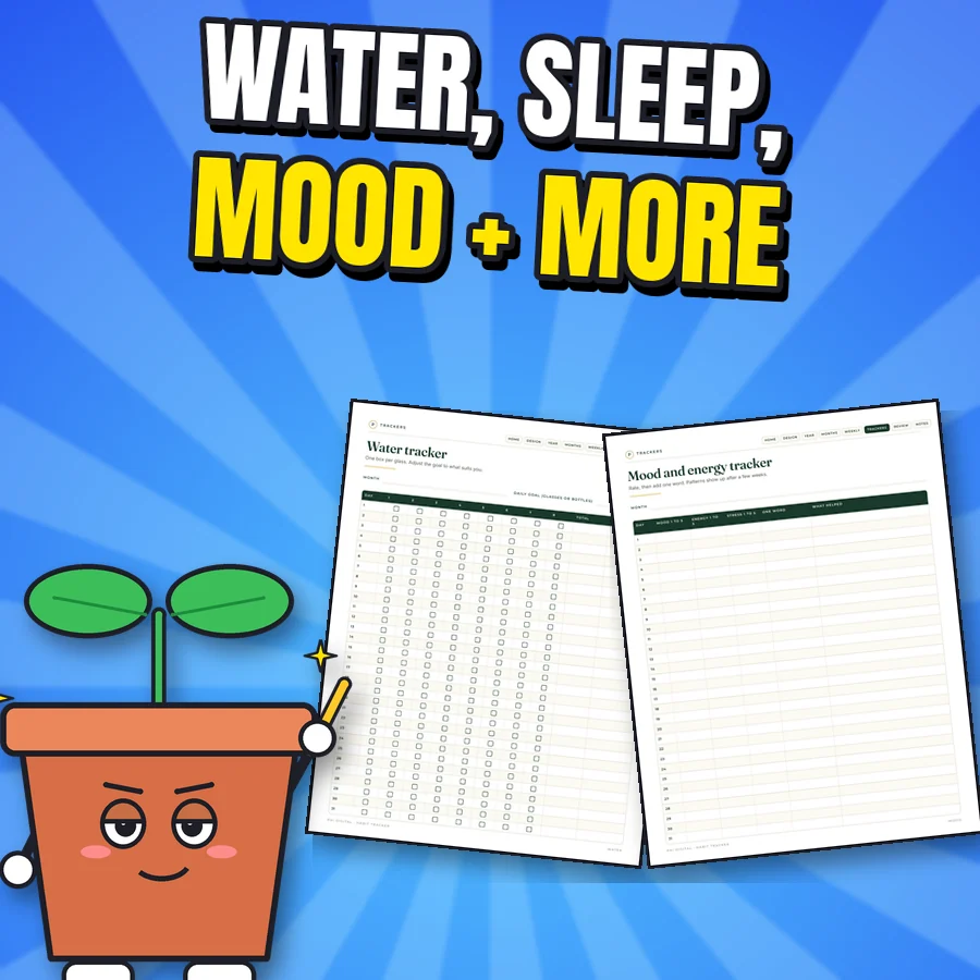 Proud cartoon seedling next to the real Water tracker and Mood and energy tracker pages