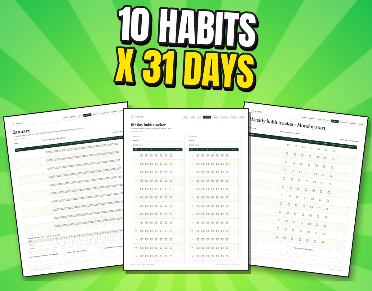 Three real pages: a monthly tracker, the 90-day habit tracker and the Monday-start weekly tracker