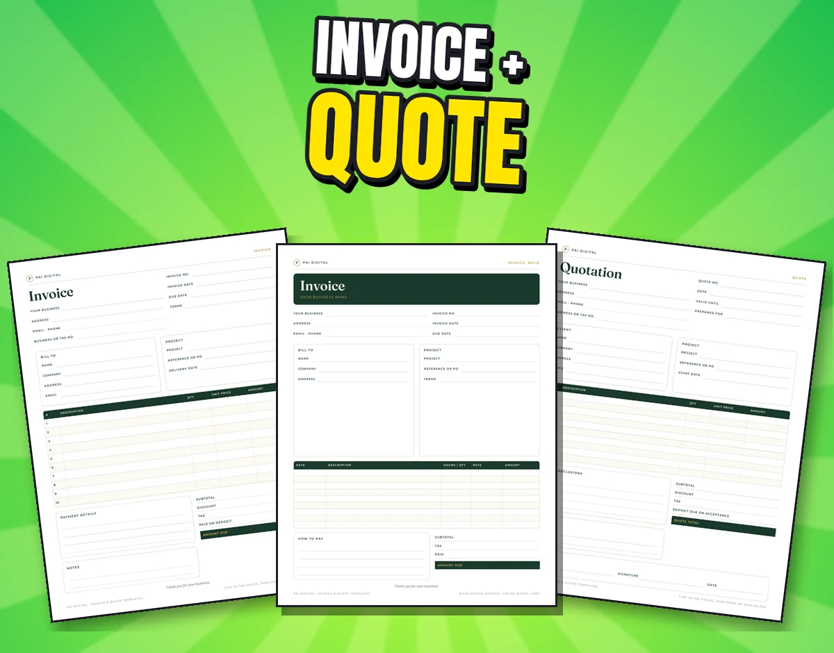 The real Invoice, bold Invoice and Quotation PDF pages