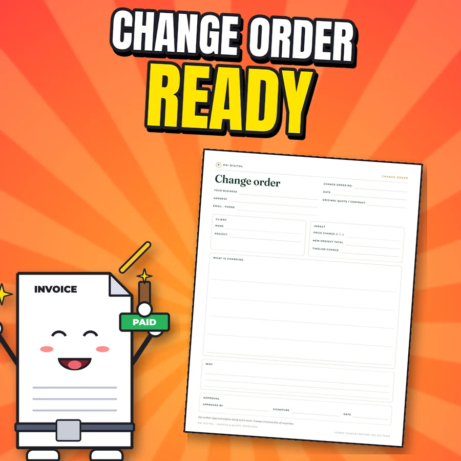 Happy invoice character next to the real Change order page