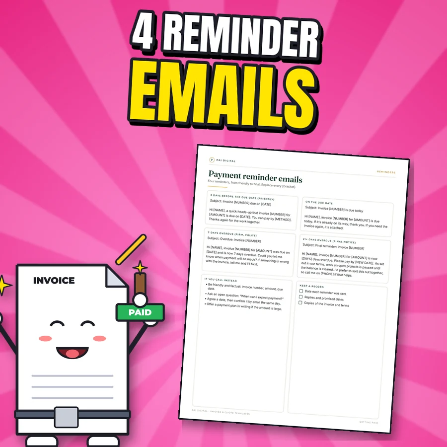 Happy invoice character next to the real Payment reminder emails page