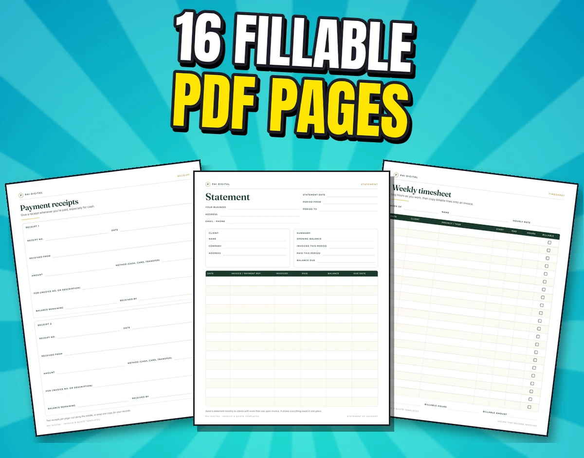 Three real fillable PDF pages: payment receipts, statement and weekly timesheet