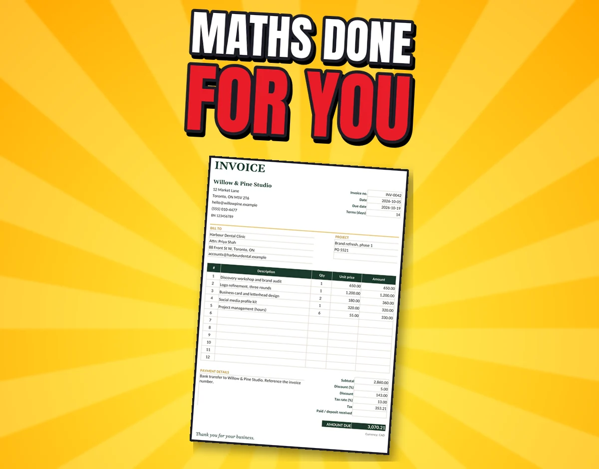 The real Example Invoice tab: subtotal, discount, tax and amount due calculated (fictional business)