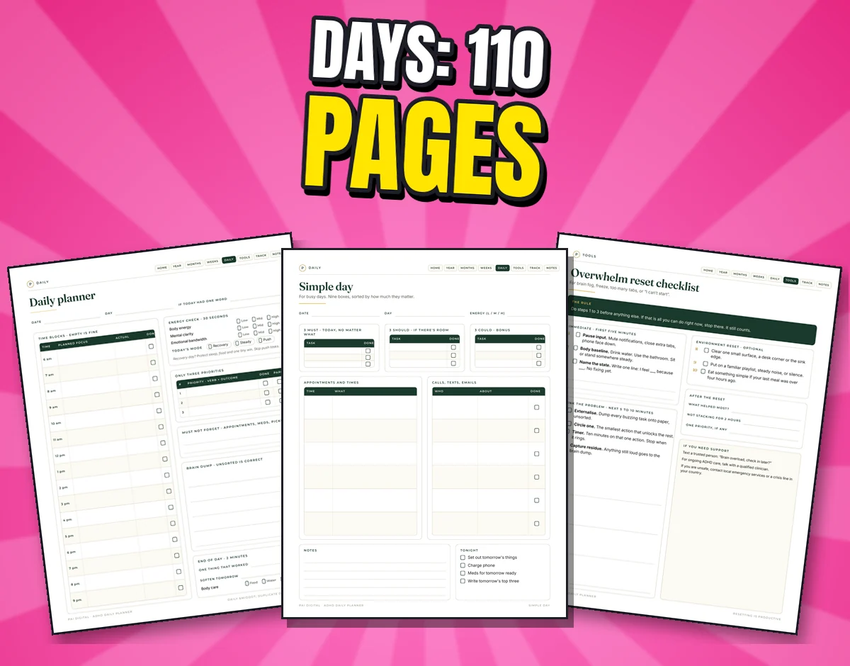 Three real pages: Daily planner, Simple day and Overwhelm reset checklist