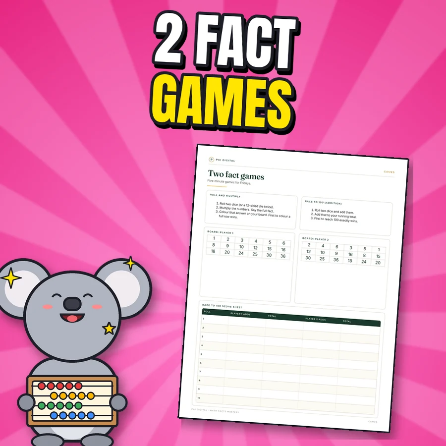 Happy koala next to the real Two fact games page