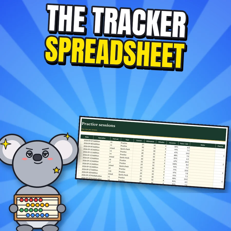 Proud koala next to the real Math Facts Tracker sessions sheet