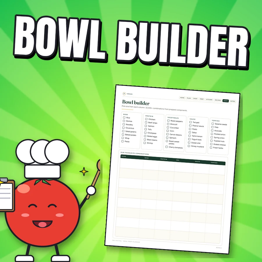 Happy cartoon tomato chef next to the real Bowl builder page