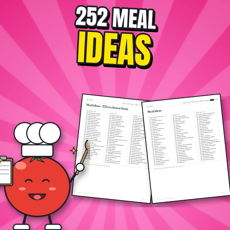 Happy cartoon tomato chef next to two real Meal ideas pages