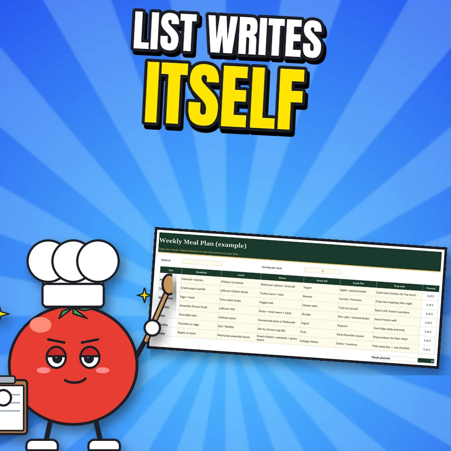 Proud cartoon tomato chef next to the real weekly meal plan spreadsheet (example week)