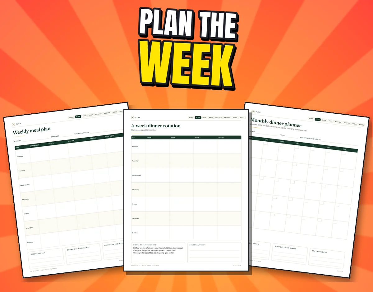 Three real pages: Weekly meal plan, 4-week dinner rotation and Monthly dinner planner
