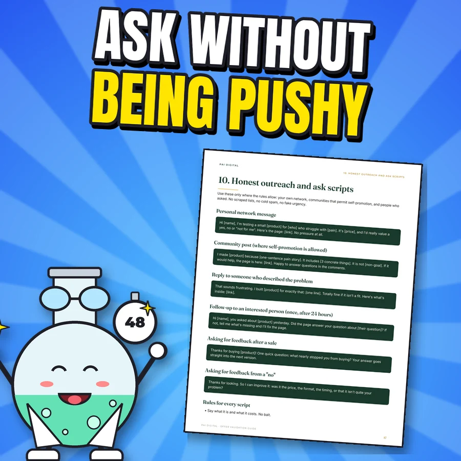 Happy cartoon flask next to the real Honest outreach and ask scripts page