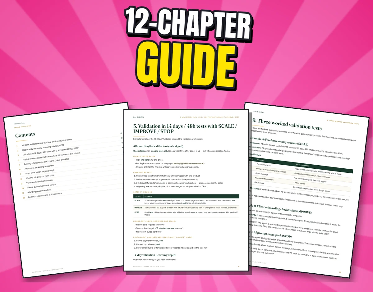Three real guide pages: Contents, Validation with SCALE / IMPROVE / STOP, and Three worked validation tests