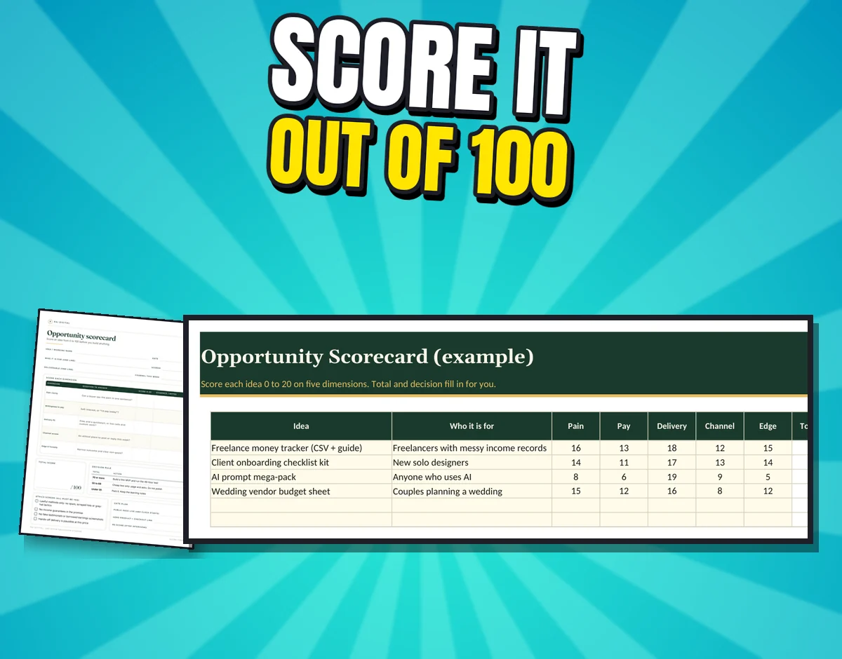 The real Opportunity scorecard worksheet and the Scorecard tab with fictional example ideas