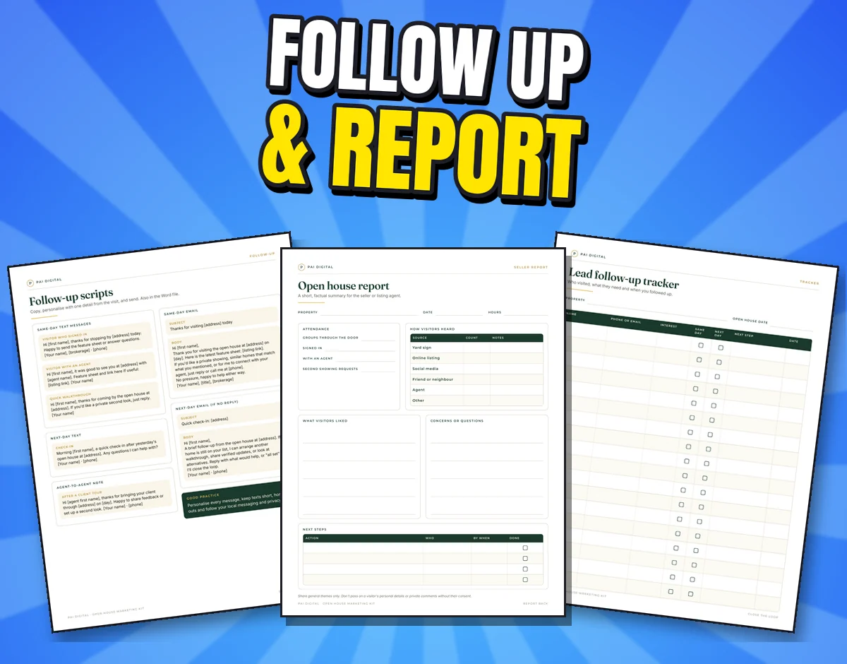 Three real kit pages: follow-up scripts, open house report and lead follow-up tracker