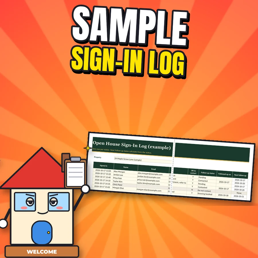 Proud house next to the real sign-in spreadsheet with fictional example visitors and follow-up dates