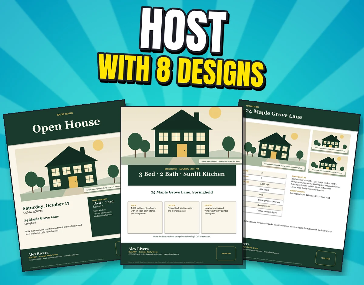 Three real flyer designs with a fictional sample listing