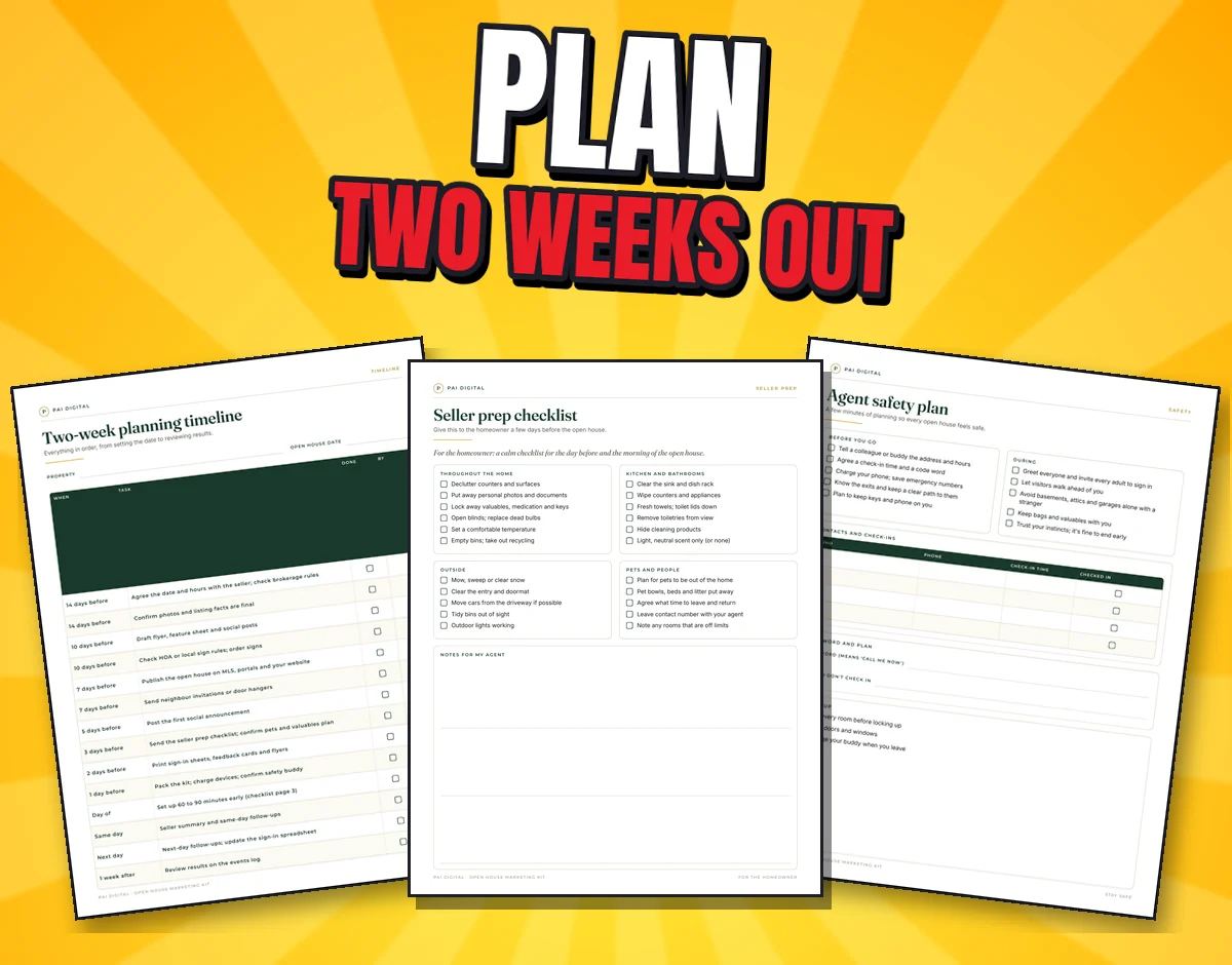 Three real kit pages: two-week planning timeline, seller prep checklist and agent safety plan