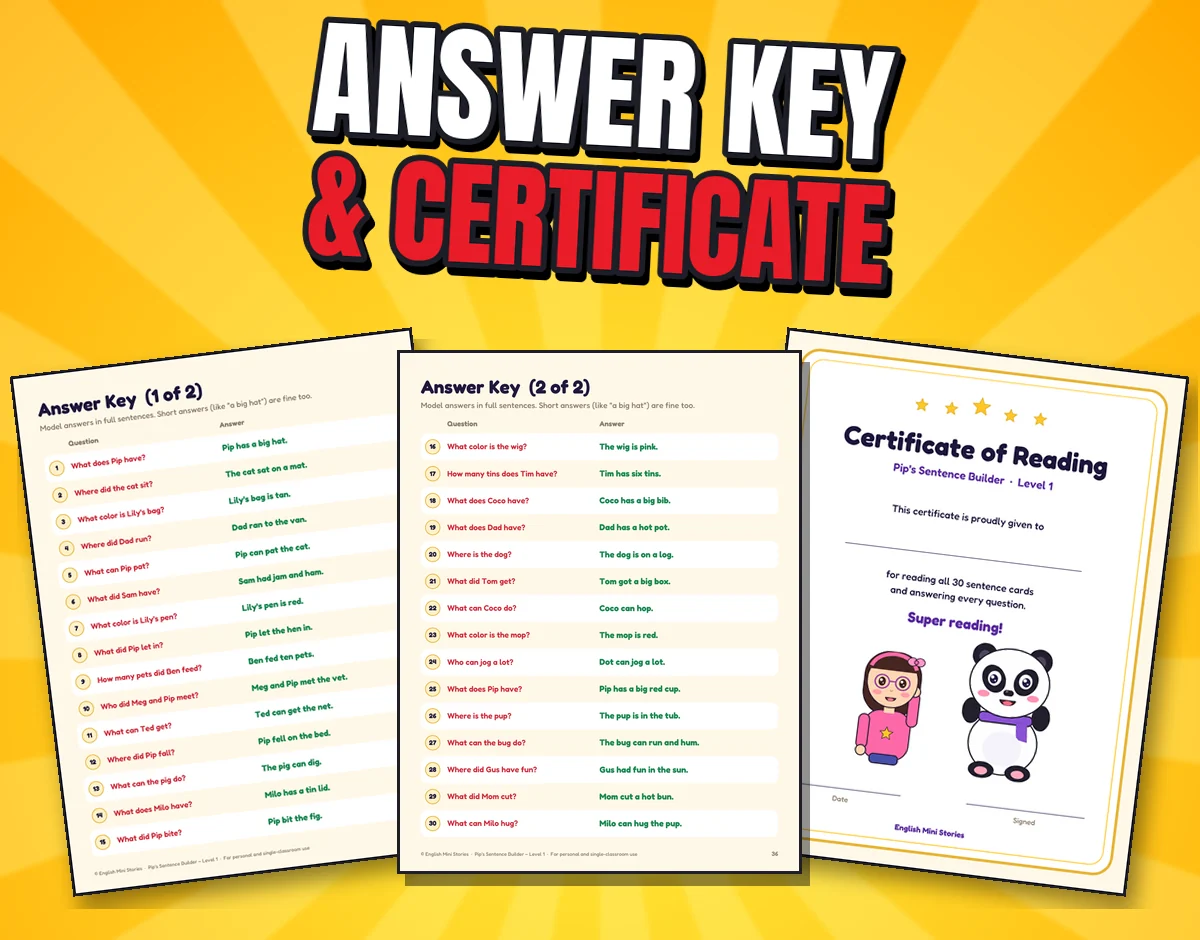 Three real pages: answer key 1 and 2, and the certificate of reading