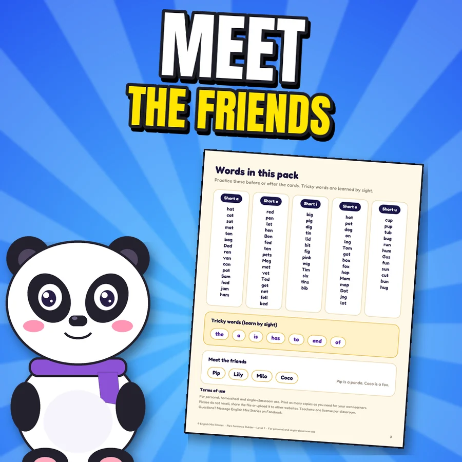 Happy Pip next to the real Words in this pack page with tricky words and the friends
