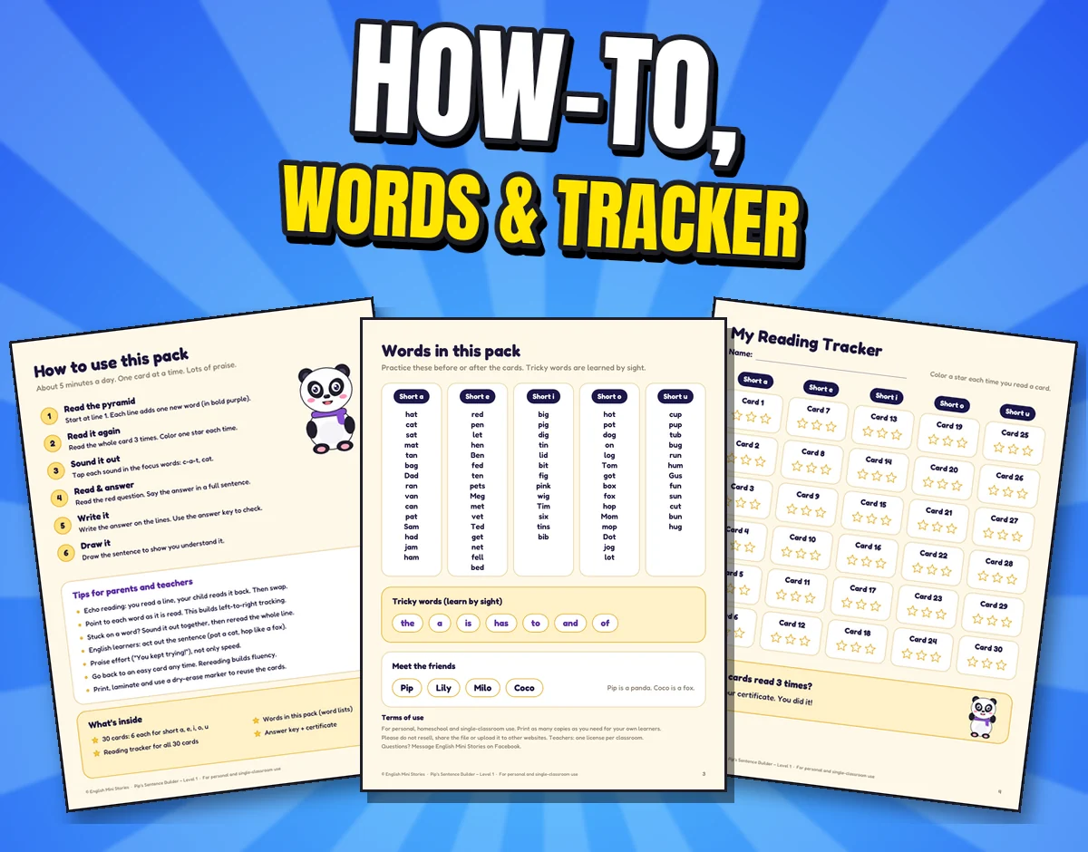 Three real pages: how to use this pack, words in this pack and my reading tracker