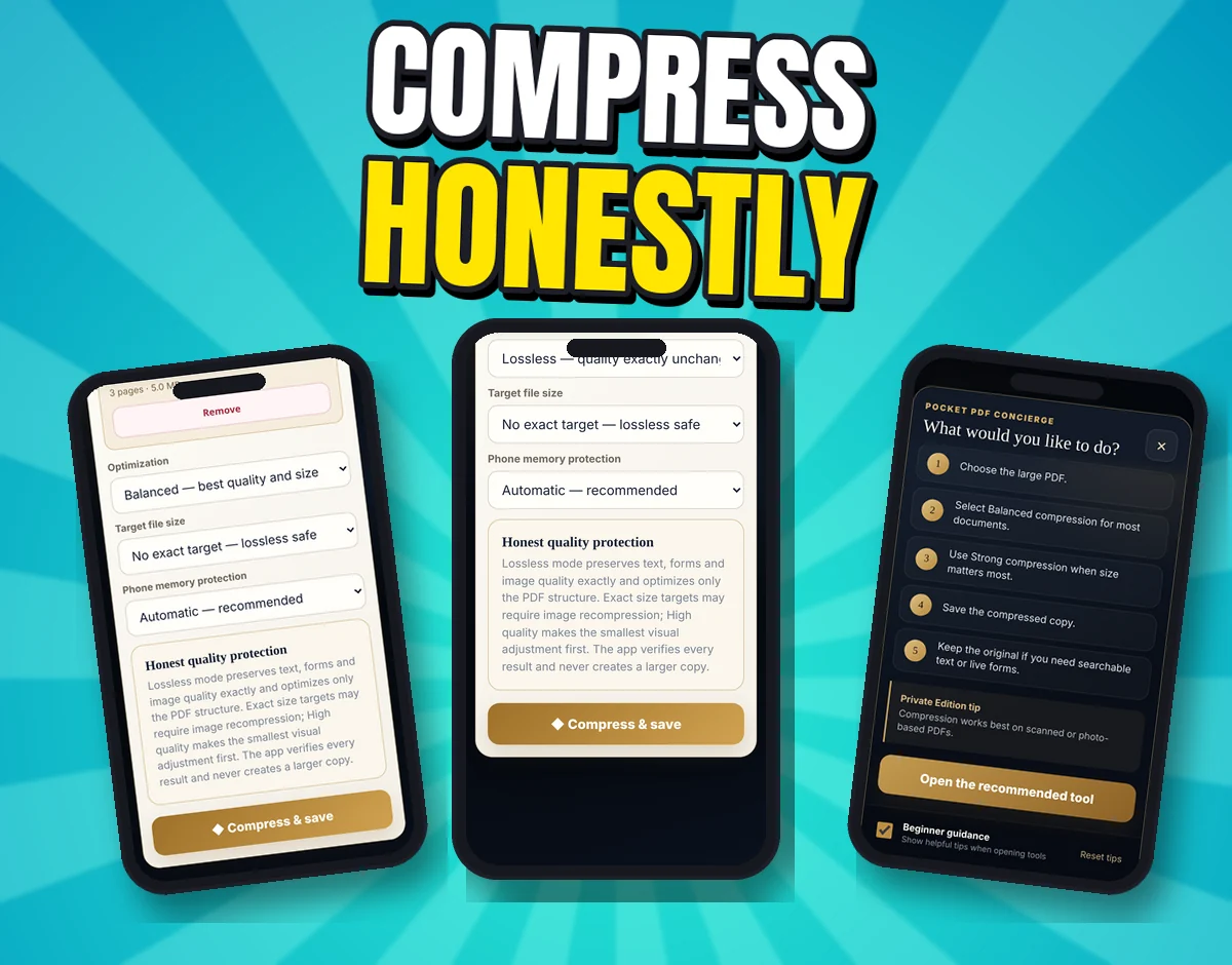 Three real screenshots: Compress PDF options, the Lossless mode and Honest quality protection note, and the Concierge's Make a PDF easier to send steps