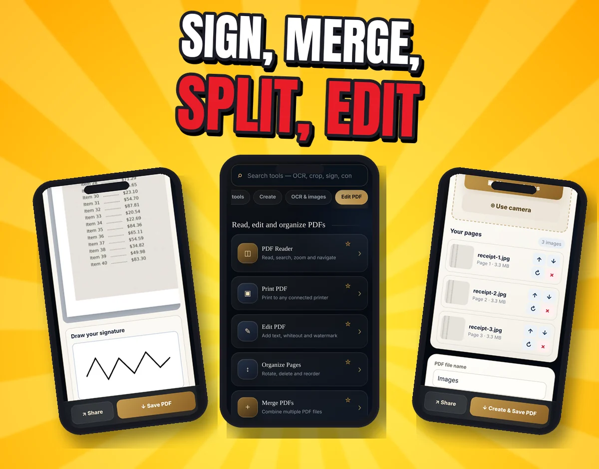 Three real screenshots: drawing a signature, the Read, edit and organize PDFs tool list, and the Images to PDF page list