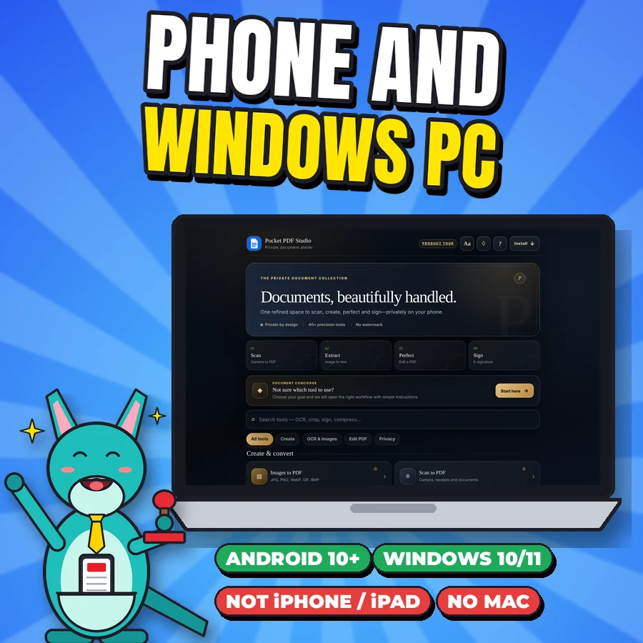 Cartoon kangaroo next to a laptop showing the real computer edition home screen, with badges Android 10+, Windows 10/11, Not iPhone/iPad, No Mac