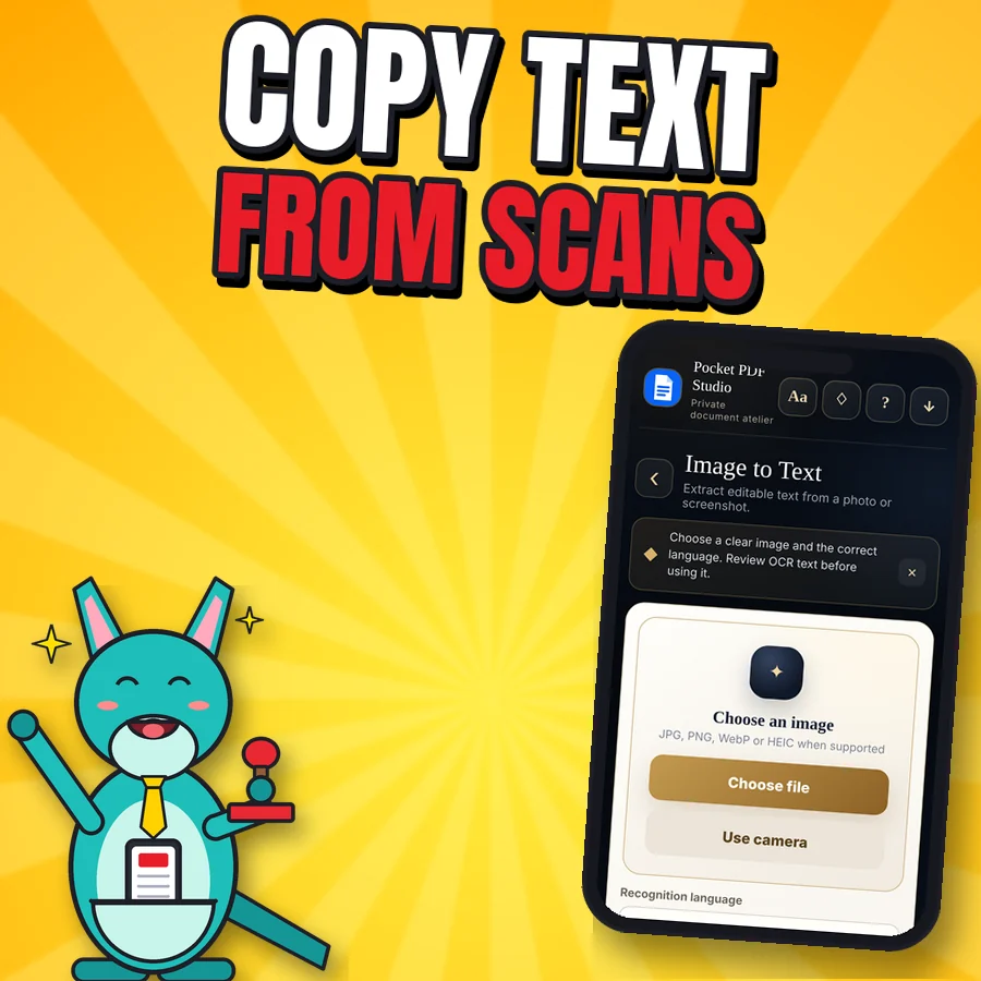Happy cartoon kangaroo next to the real Image to Text screen
