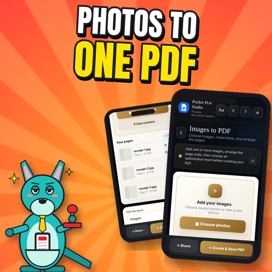 Proud cartoon kangaroo next to two real Images to PDF screens