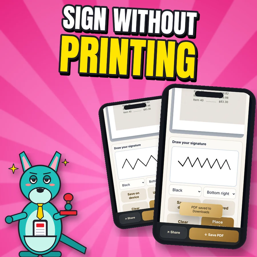 Proud cartoon kangaroo next to two real signature screens: drawing a signature and the signed page saved