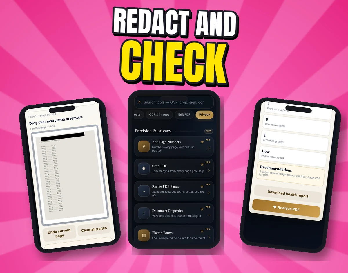 Three real screenshots: the redaction tool, the Precision and privacy tool list, and the PDF Health Check