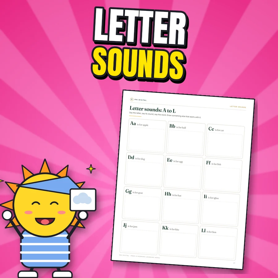 Happy sun next to the real Letter sounds A to L page