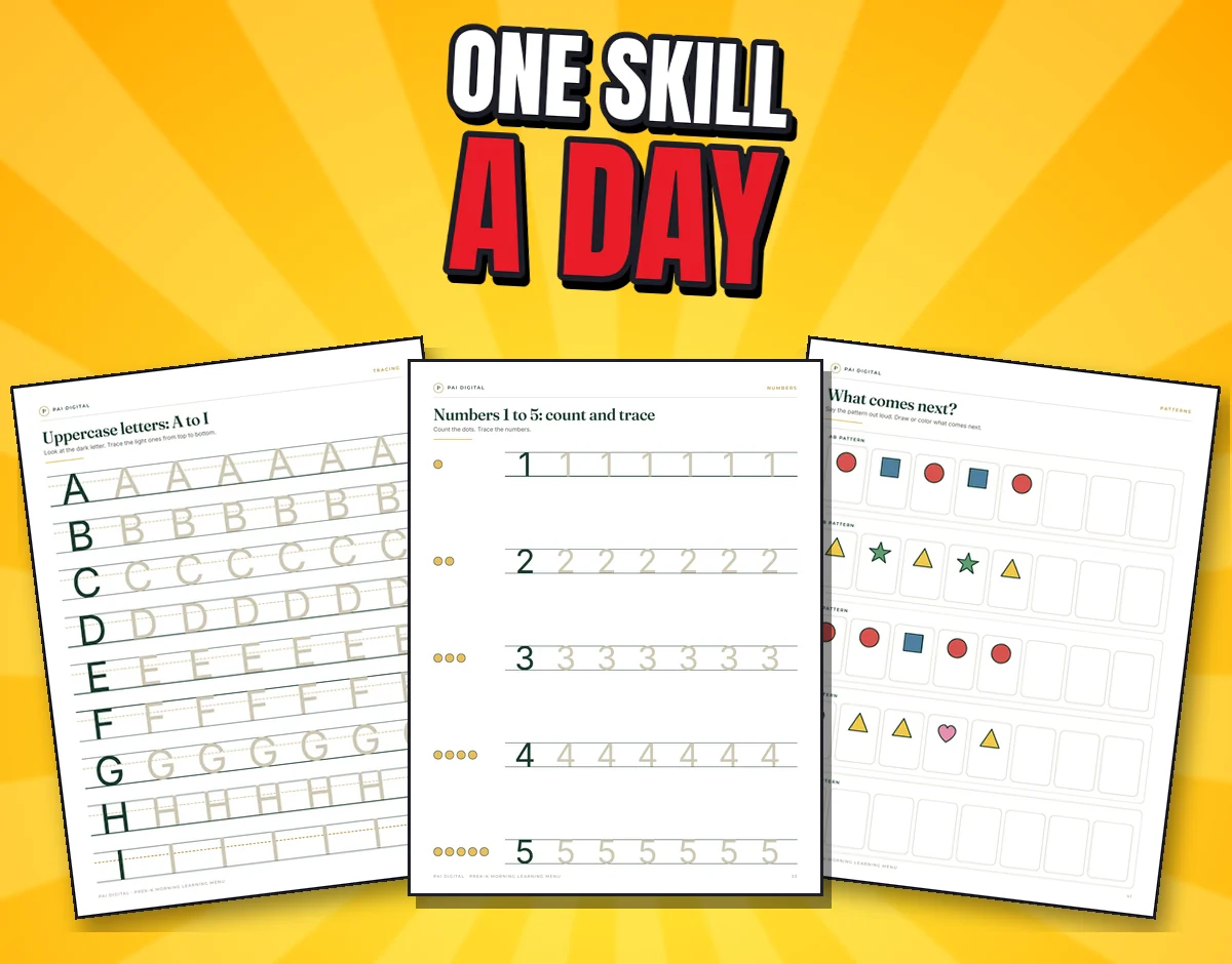 Three real pages: uppercase tracing, numbers 1 to 5 and what comes next