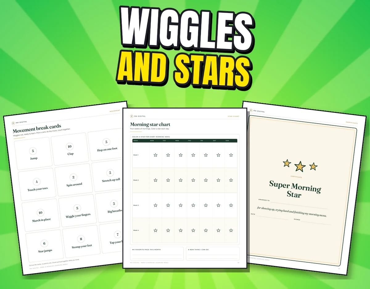 Three real pages: movement break cards, morning star chart and certificate