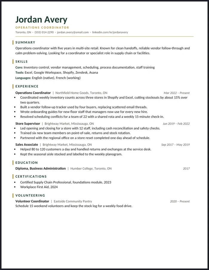 The real Bold resume template (sample name and details are fictional)