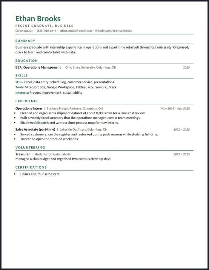 The real Fresh resume template (sample name and details are fictional)