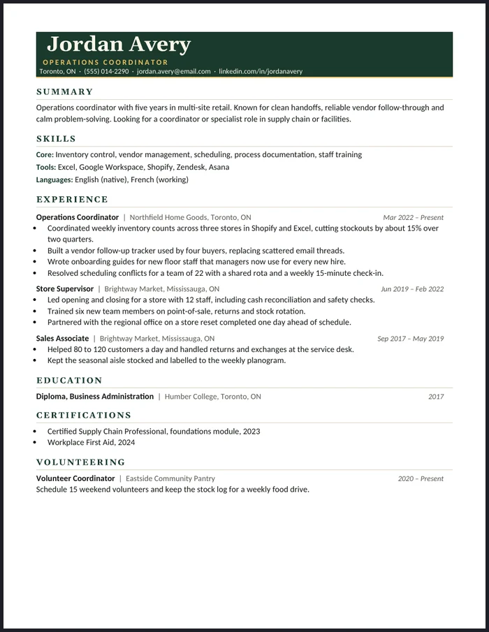 The real Modern resume template (sample name and details are fictional)