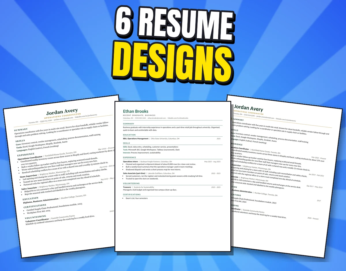 Three of the real resume designs: Classic, Fresh and Bold