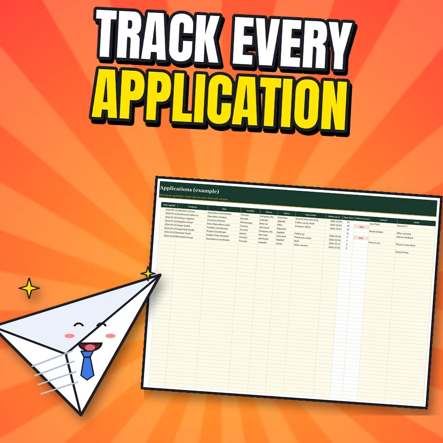 Happy paper plane next to the real Job Search Tracker spreadsheet with example applications
