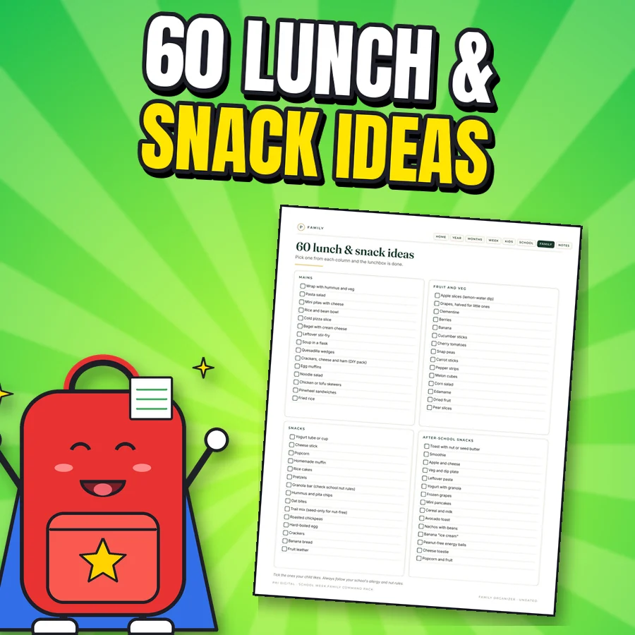 Happy backpack next to the real 60 lunch and snack ideas page