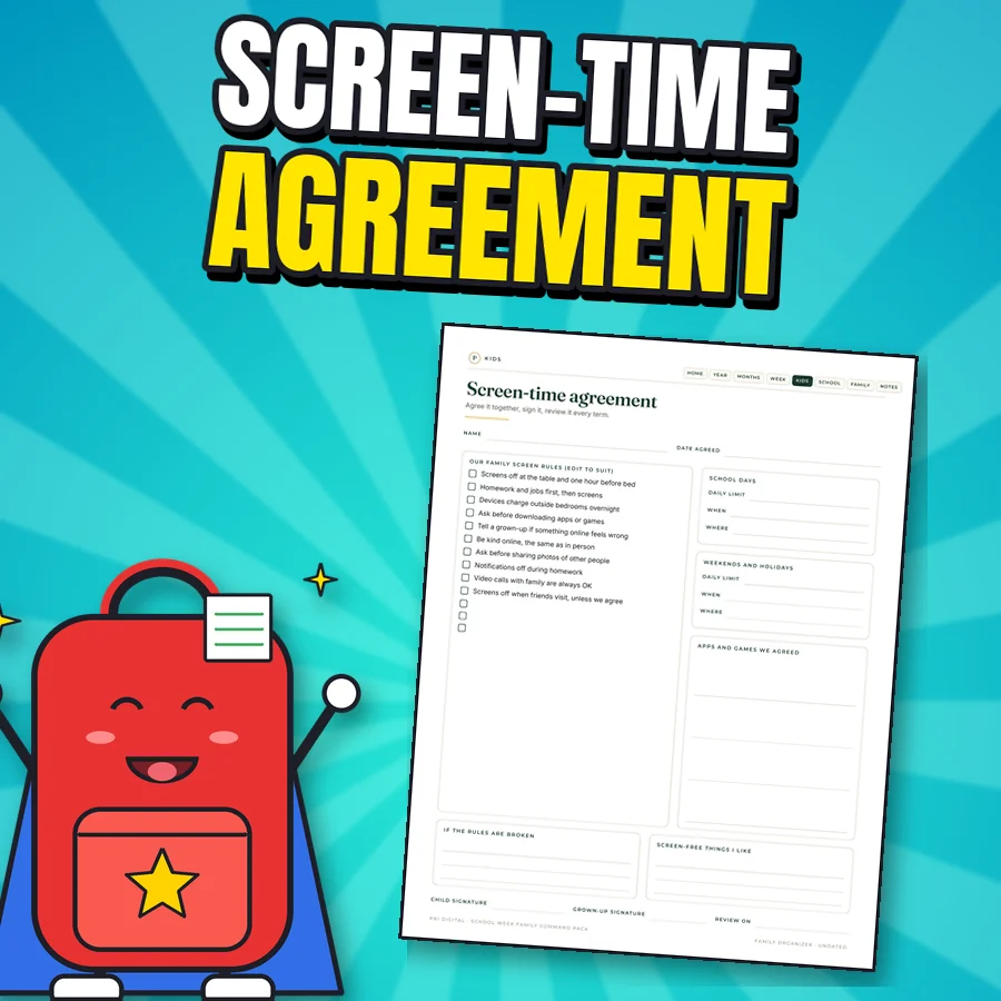 Happy backpack next to the real Screen-time agreement page