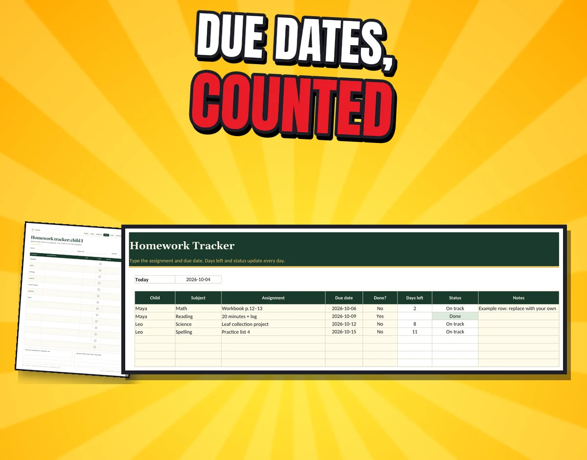 The real homework tracker page and the Homework Tracker spreadsheet with example rows