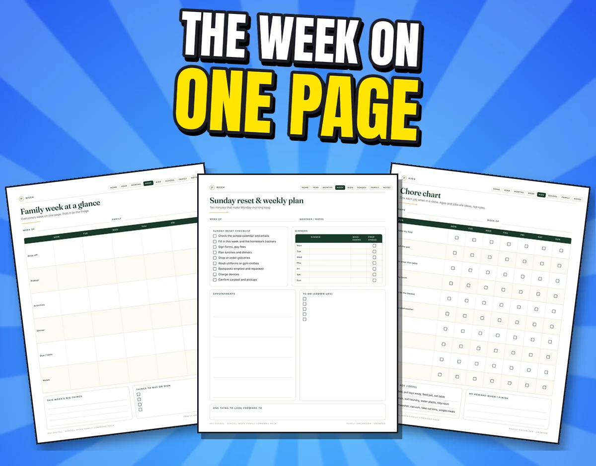 Three real pages: family week at a glance, Sunday reset and chore chart