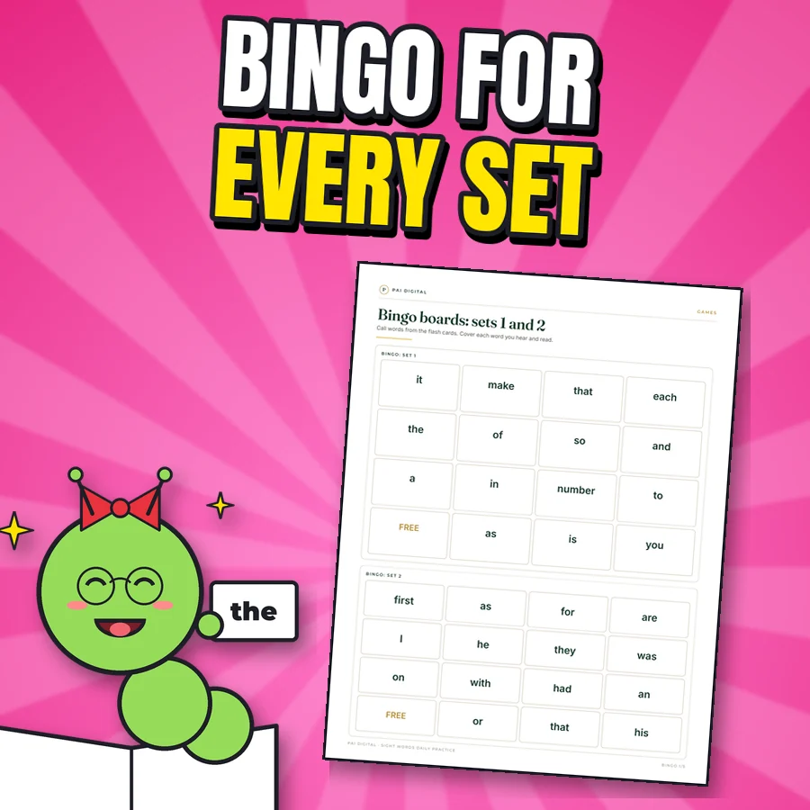 Happy bookworm next to the real bingo boards page